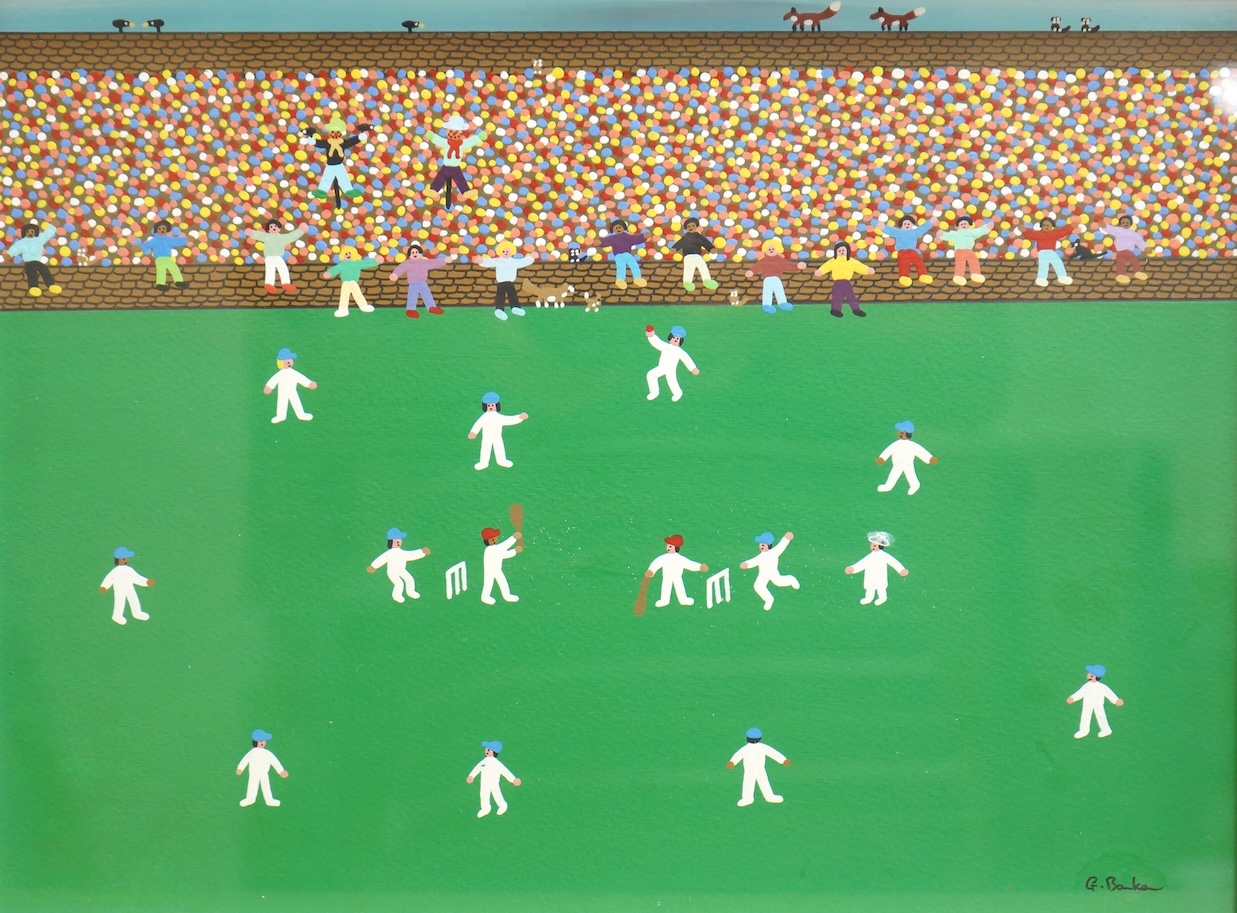 Gordon Barker (b.1960), 'What a Catch', cricketing scene, signed, acrylic, 29 x 39cm
